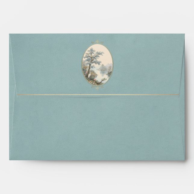 French Heron Dusty Blue Velvet Wedding Envelope (Back (Top Flap))