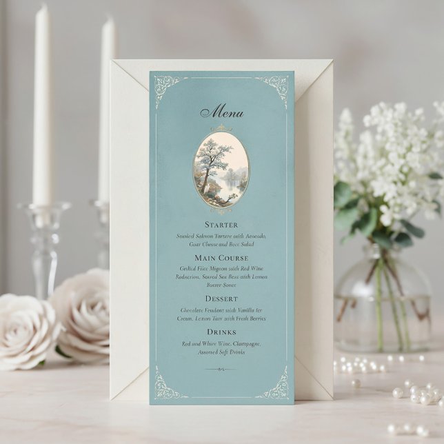 French Heron Dusty Blue Velvet Wedding Menu (Creator Uploaded)