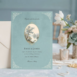 French Heron Dusty Blue Wedding Invitation
