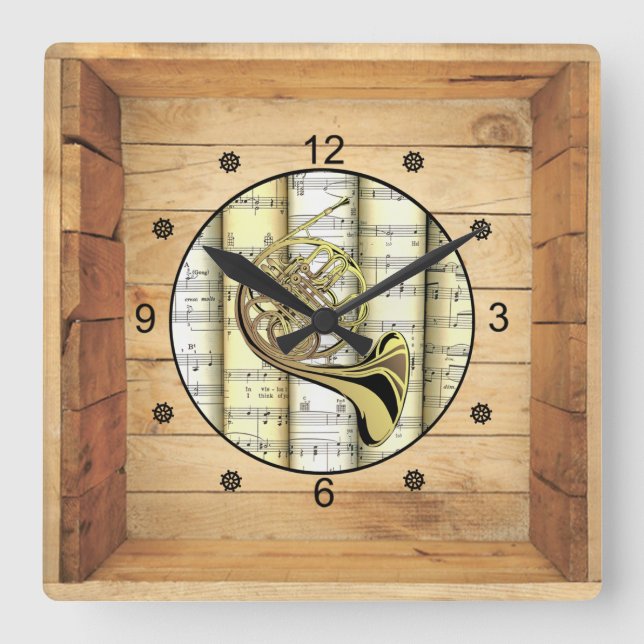 French Horn ~ 3 Dimensional ~ Folk Art Box ~ Square Wall Clock (Front)