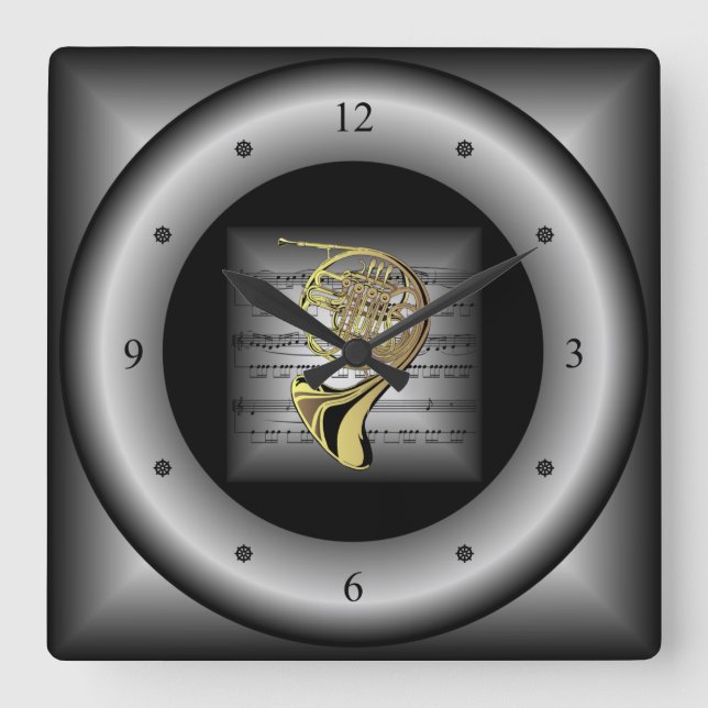French Horn ~ 3D Sheet Music ~ Pillow Silver/Black Square Wall Clock (Front)