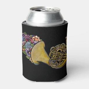 French Horn Band Music Floral Art Can Cooler