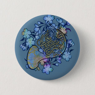 French Horn Blue Flowers Band Class                6 Cm Round Badge