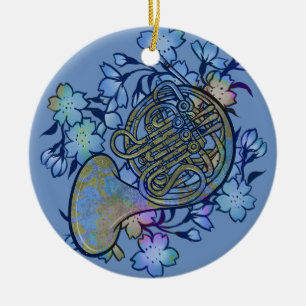 French Horn Blue Flowers Band Class                Ceramic Tree Decoration
