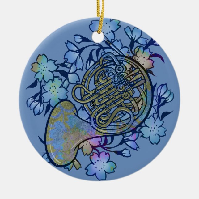 French Horn Blue Flowers Band Class                Ceramic Tree Decoration (Front)