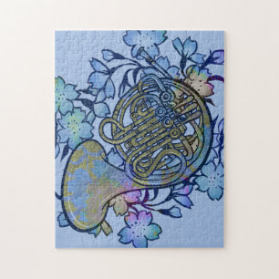French Horn Blue Flowers Band Class Jigsaw Puzzle