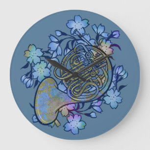 French Horn Blue Flowers Band Class                Large Clock