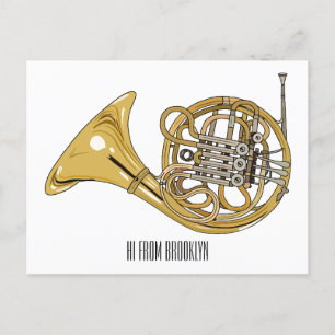 French horn cartoon illustration postcard