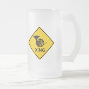 French Horn Crossing Highway Sign Frosted Glass Beer Mug