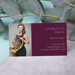 French Horn Custom Photo Burgundy Elegant Business Card