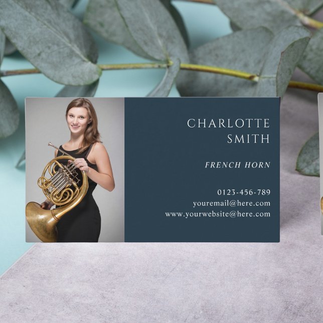 French Horn Custom Photo Navy Blue Elegant  Business Card (Creator Uploaded)