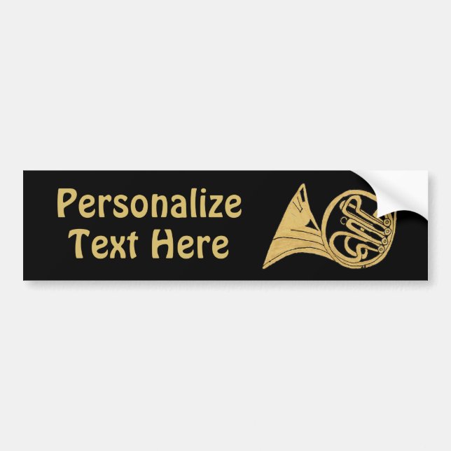 French Horn Drawing on Black Customisable Text Bumper Sticker (Front)