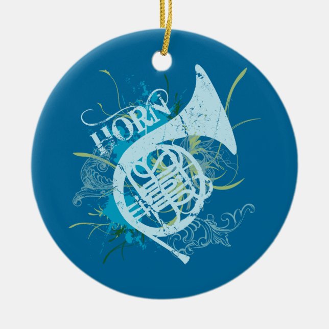 French Horn Grunge Blue Christmas Tree Gift Ceramic Tree Decoration (Front)