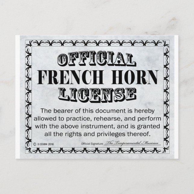 French Horn License Postcard (Front)