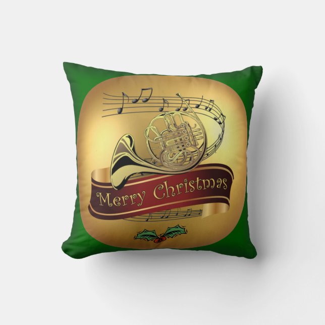 French Horn ~ Merry Christmas & Musical Scroll ~  Cushion (Front)