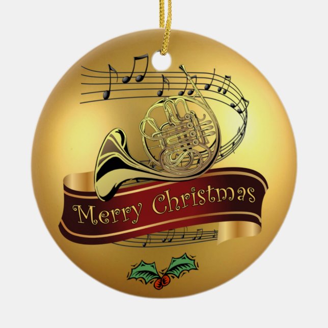 French Horn~Musical Scroll~ Gold Merry Christmas ~ Ceramic Tree Decoration (Front)