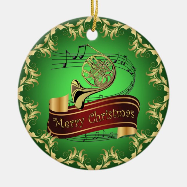 French Horn ~ Musical Scroll ~ Merry Christmas ~  Ceramic Tree Decoration (Front)