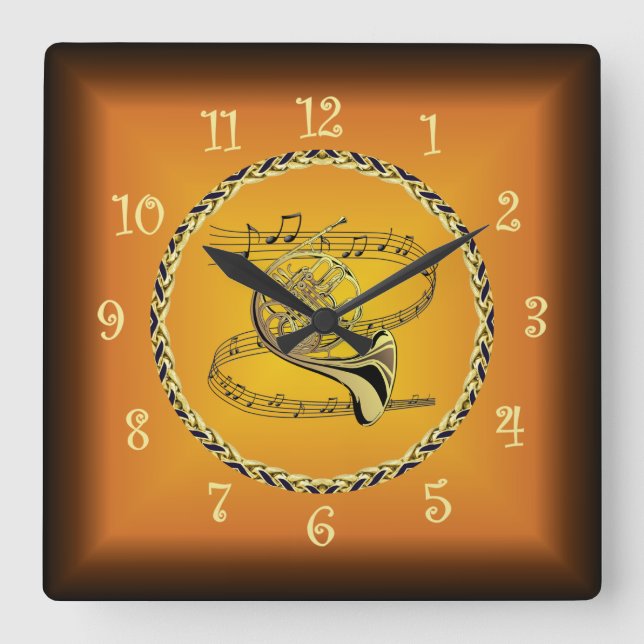French Horn On Musical Scroll & Russet Orange ~ Square Wall Clock (Front)