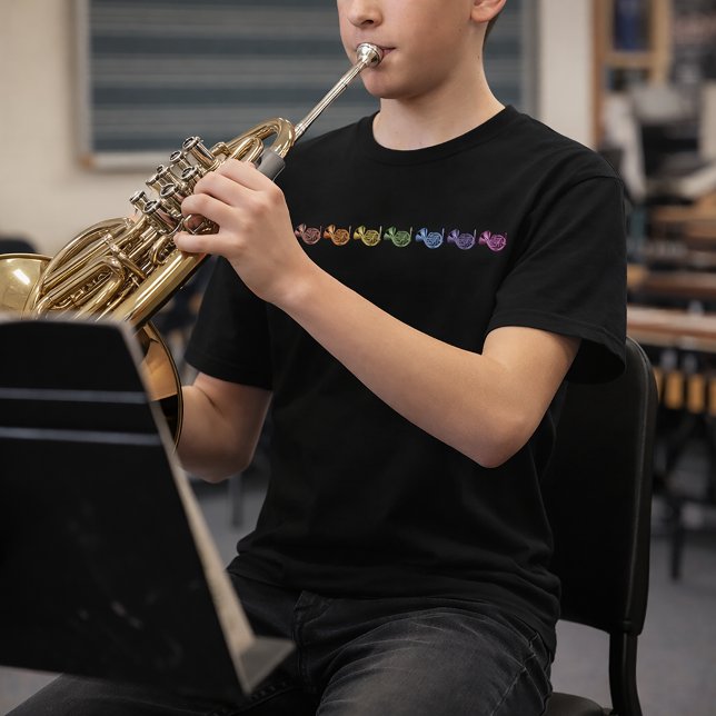 French Horn Rainbow Lineup T-Shirt (A tshirt with a lineup of rainbow french horns.)