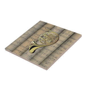 French Horn ~ Rolled Sheet Music Back ~ Musical Tile