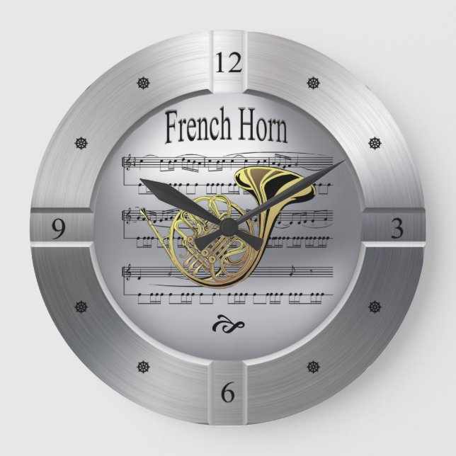French Horn ~Sheet Music ~ Brushed Silver Colour ~ Large Clock (Front)