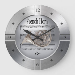 French Horn ~ Sheet Music ~ Brushed Silver Colour Large Clock
