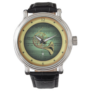 French Horn ~ Sheet Music ~ Green/Gold Background Watch