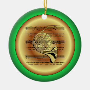 French Horn~Sheet Music~Red/Green/Gold~Christmas~ Ceramic Tree Decoration