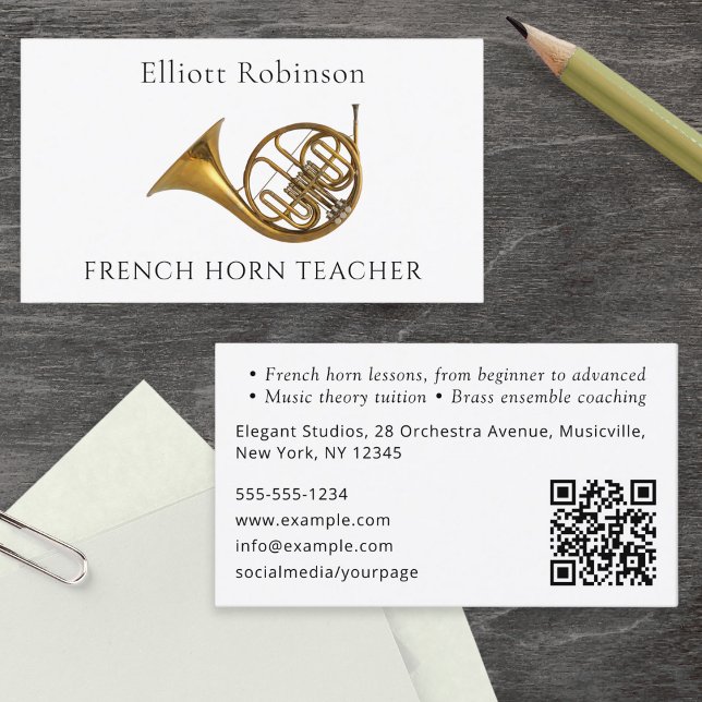 French Horn Teacher Musical Instrument Music Tutor Business Card (A stylish business card for a French Horn teacher, with horn picture, custom text and QR code)