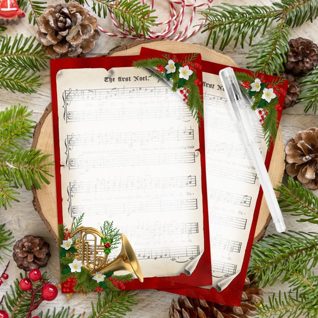 French Horn Vintage Sheet Music Christmas Stationery (Creator Uploaded)
