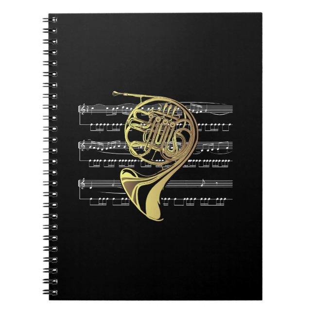 French Horn w/Sheet Music ~ Black Background Spiral Notebook (Front)