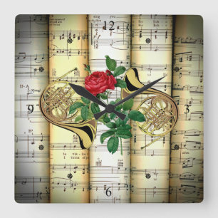 French Horns & Rose ~ Rolled Sheet Music ~ Square Wall Clock