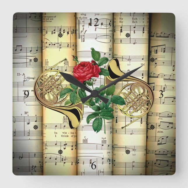 French Horns & Rose ~ Rolled Sheet Music ~ Square Wall Clock (Front)