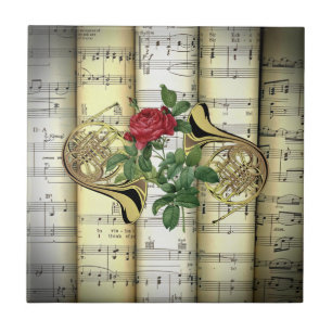 French Horns & Rose ~ Rolled Sheet Music ~ Tile