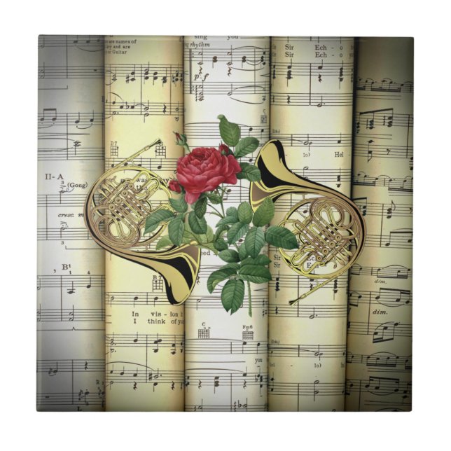 French Horns & Rose ~ Rolled Sheet Music ~ Tile (Front)