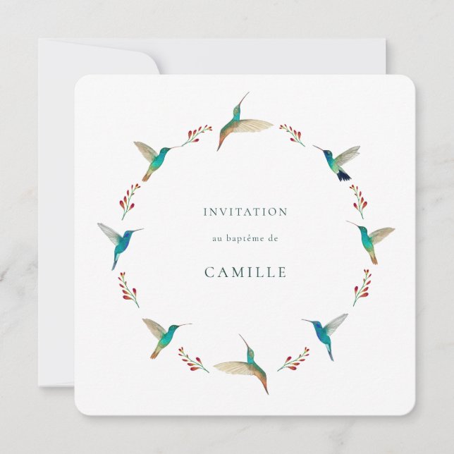 French Hummingbird Baptism Invitation (Front)