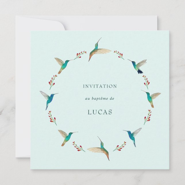 French Hummingbird Baptism Invitation (Front)