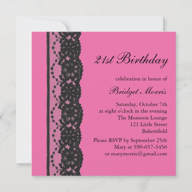 French Lace Birthday Invitation (fuchsia) (Front)
