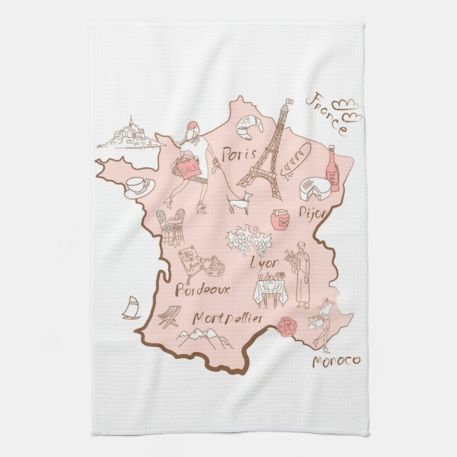 French Landmarks Map o France Tea Towel (Vertical)