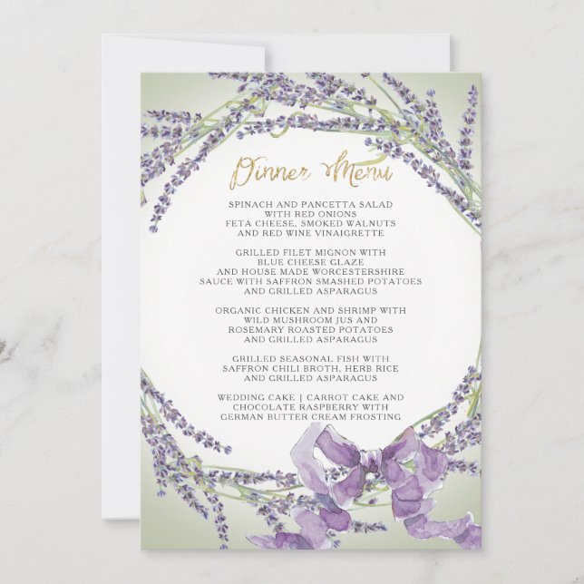French Lavender Flower Wreath Gold Dinner Menu Invitation (Front)