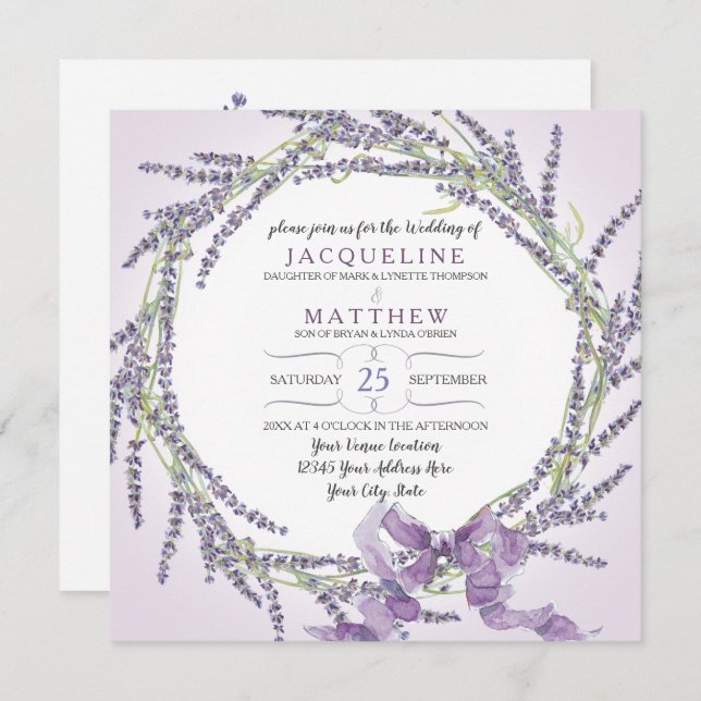 French Lavender Flower Wreath Watercolor n Script Invitation (Front/Back)