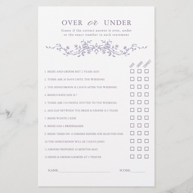 French Lavender 'Over or Under' Bridal Shower Game (Front)