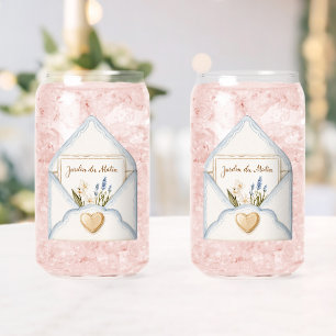 French Light Blue Cream Envelope Heart Floral Can Glass