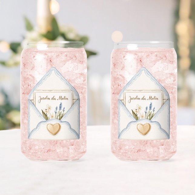 French Light Blue Cream Envelope Heart Floral   Can Glass (Insitu (Wedding))
