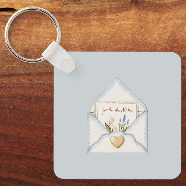French Light Blue Cream Envelope Heart Floral   Key Ring (Front)