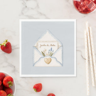 French Light Blue Cream Envelope Heart Floral Napkin