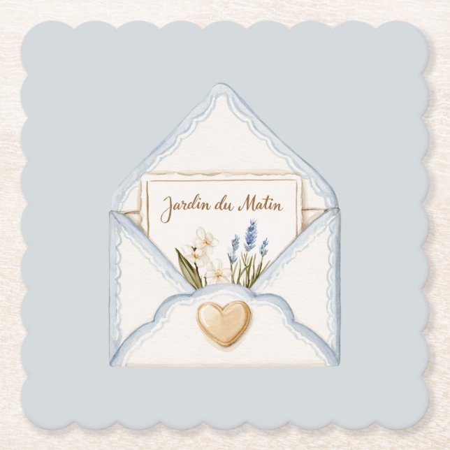French Light Blue Cream Envelope Heart Floral   Paper Coaster (Front)