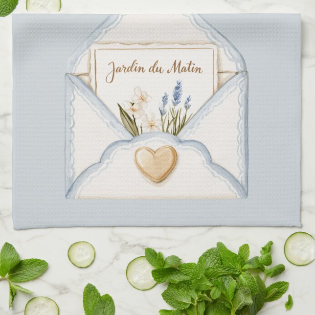 French Light Blue Cream Envelope Heart Floral   Tea Towel (Folded)
