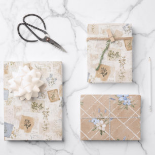 French Light Blue Envelope Heart Floral Bridal Wrapping Paper Sheet