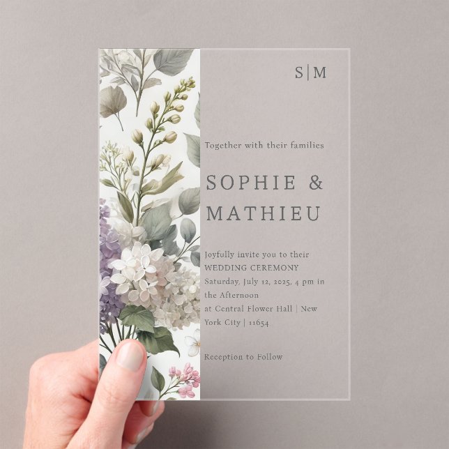 French Lilac Watercolor Floral Elegant Spring  Acrylic Invitations (Insitu (Handheld))